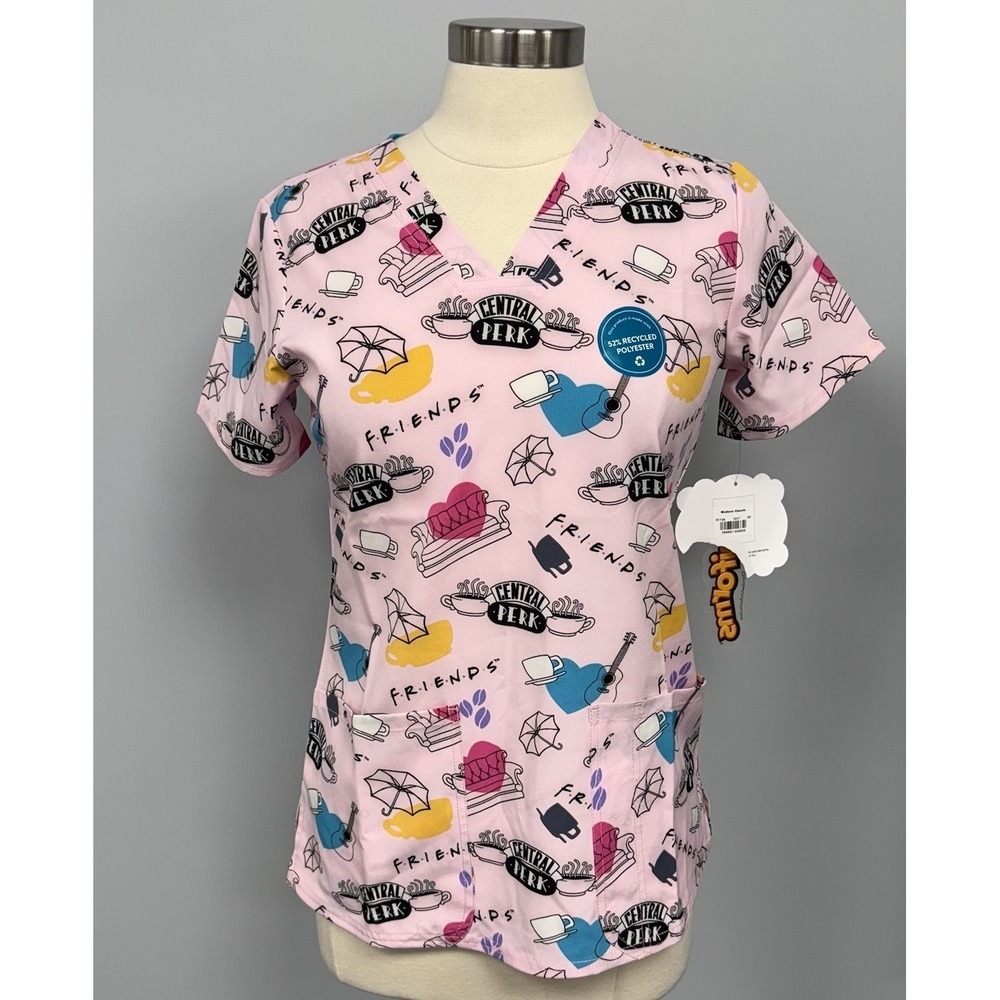 NWT Cherokee FRIENDS Scrub Top XS Pink Scrubs Nurse Medical Uniform Central Perk